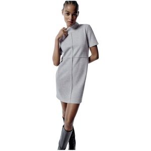 Zara Cotton Blend Reverse Seam Short Sleeve Ribbed Sweater Mini Dress in Grey